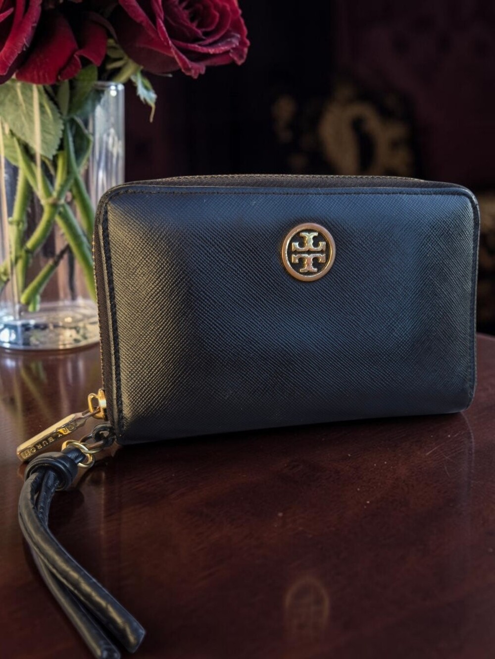 Tory Burch Black Saffiano Zip Wallet